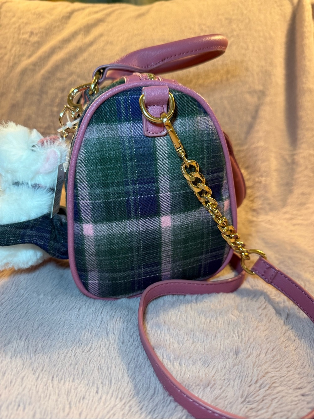 🦩 Juicy Couture Pink Plaid Varsity Satchel Handbag with Plush Charm - Picture 4 of 11